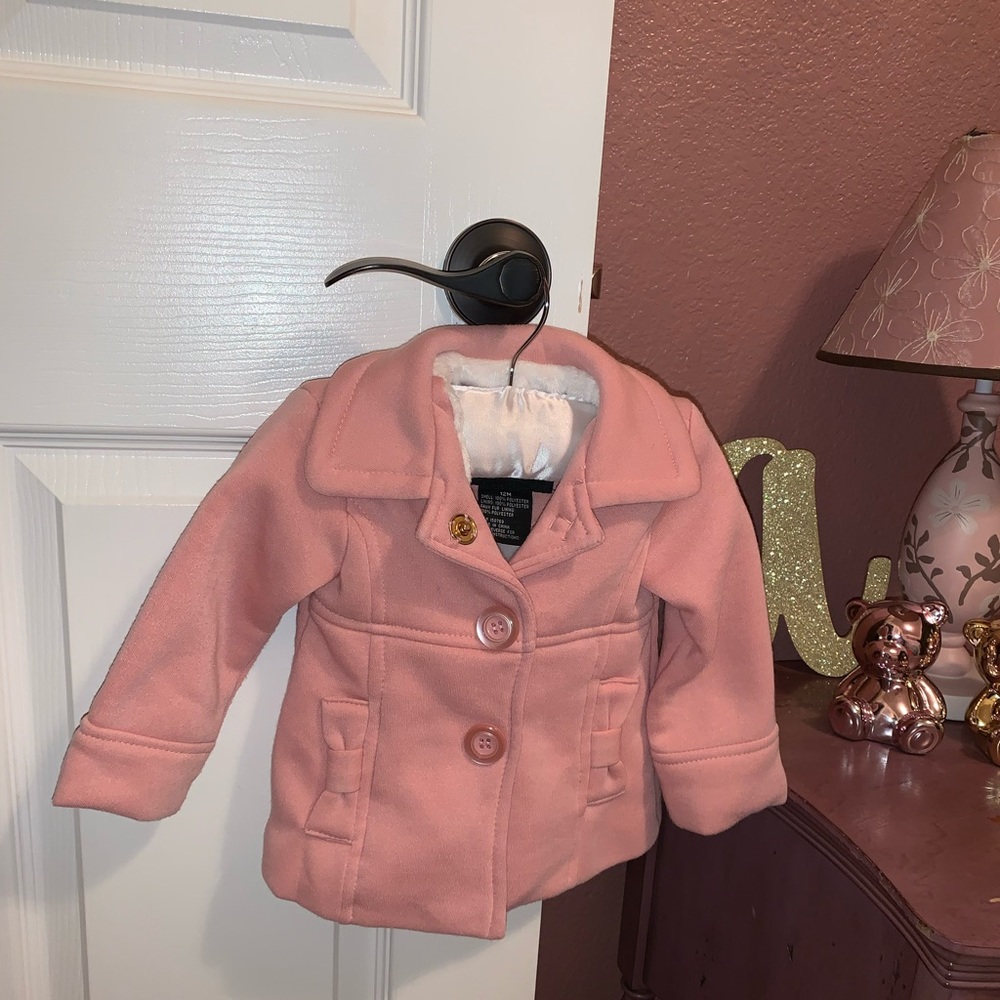 Pink Pea Coat Bow Back with Buttons Fur Lining